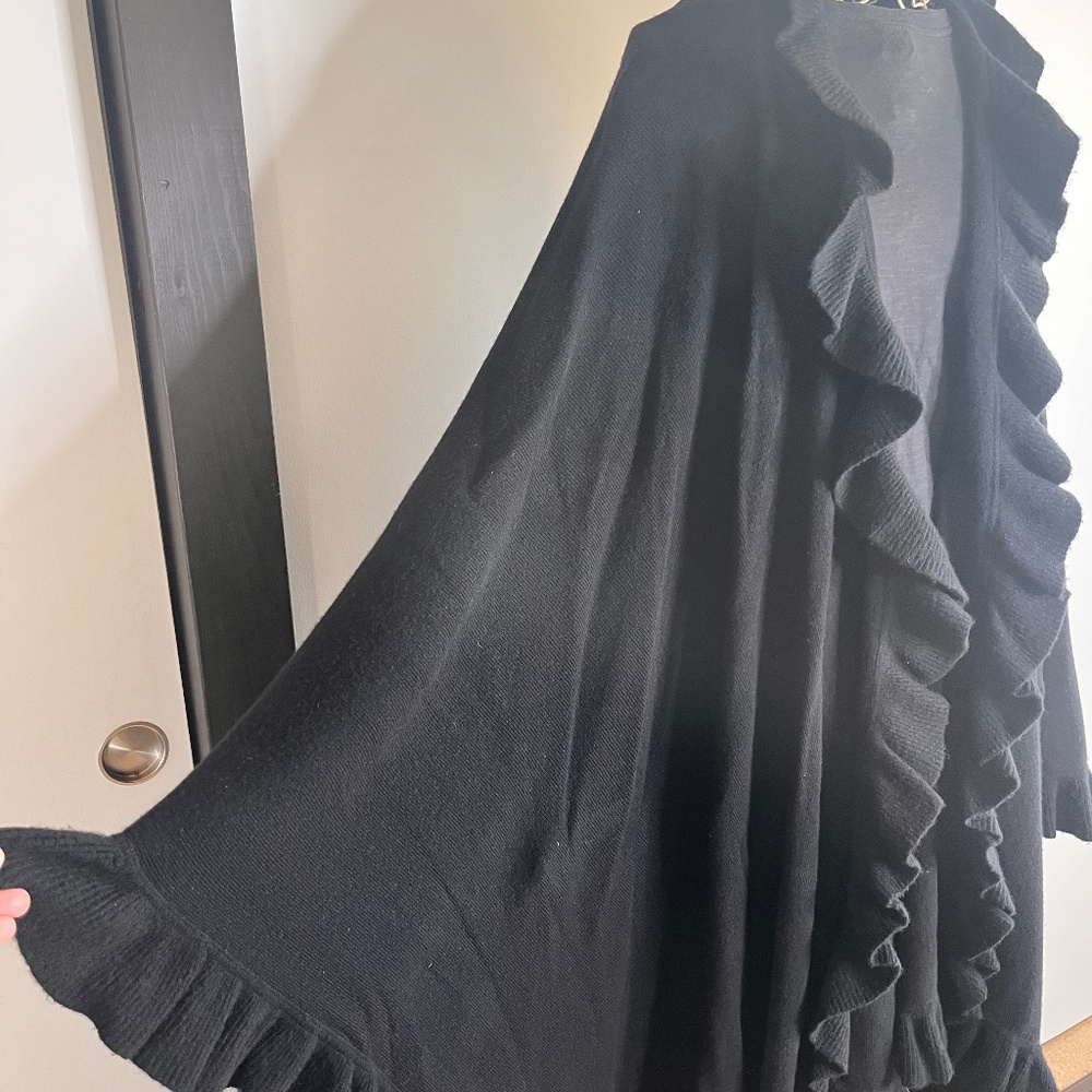 Giant dramatic 1980's shaped black wool shawl with ruffled edging